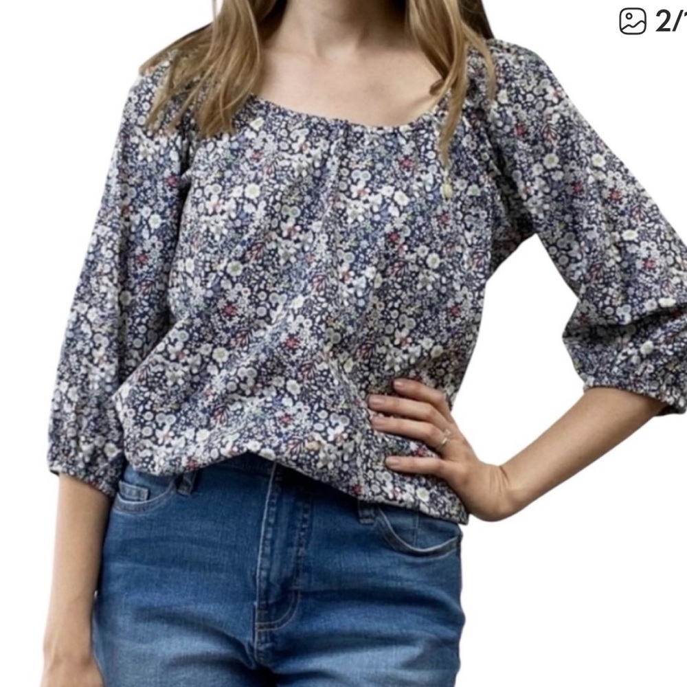 J. Crew Liberty Fabrics Blue and White Patterned Poets Blouse